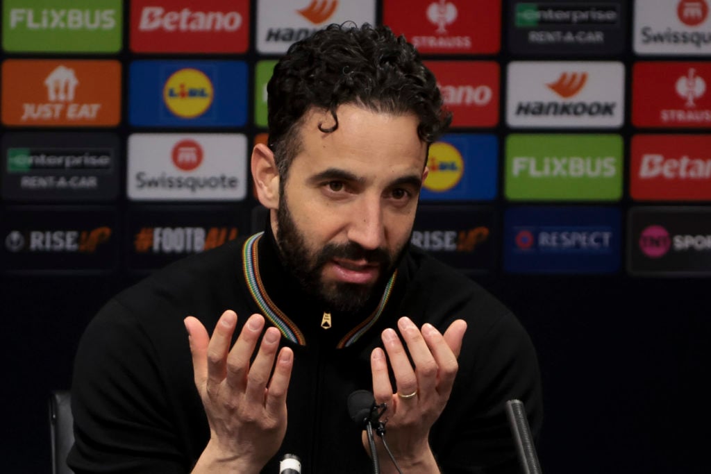 Manchester United manager Ruben Amorim speaks to the media during the post-match press conference following the Europa League match against Real Sociedad at Old Trafford in 2025 in Manchester.