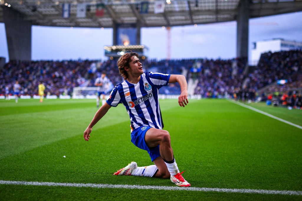 Rodrigo Mora celebrates scoring goal for Porto.