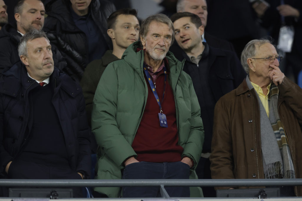 Sir Jim Ratcliffe (centre), the co-owner of Manchester United, looks on next to his technical director Jason Wilcox (left) before the Premier League match between Manchester City and Manchester United at the Tottenham Hotspur Stadium on December 15th 2024