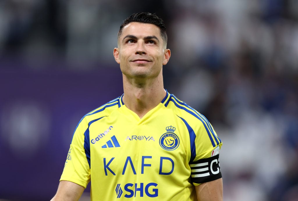 Manchester United legend Cristiano Ronaldo looks on prior to the Saudi Pro League match between Al Hilal vs Al Nassr in the Kingdom Arena in 2025 in Riyadh, Saudi Arabia.