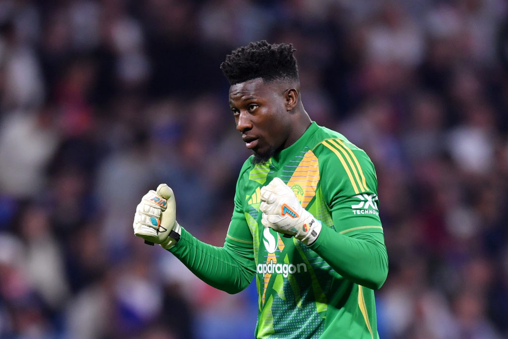 Manchester United goalkeeper Andre Onana facing Lyon.