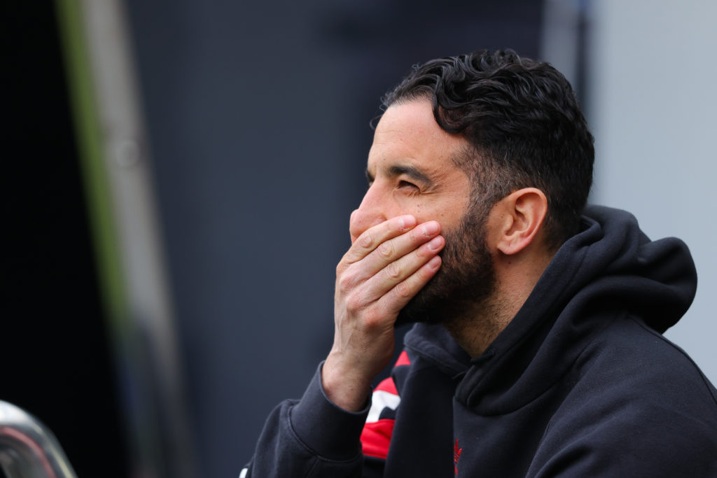 Manchester United manager Ruben Amorim looks dejected during the Premier League match between Newcastle United and Manchester United at St James’ Park in 2025.