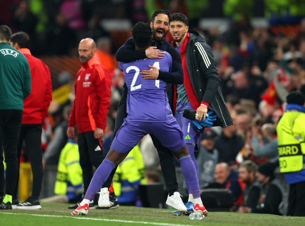 Andre Onana with Ruben Amorim after Harry Maguire scores in the Europa League match between Manchester United and Lyon at Old Trafford in 2025 in Manchester, England.