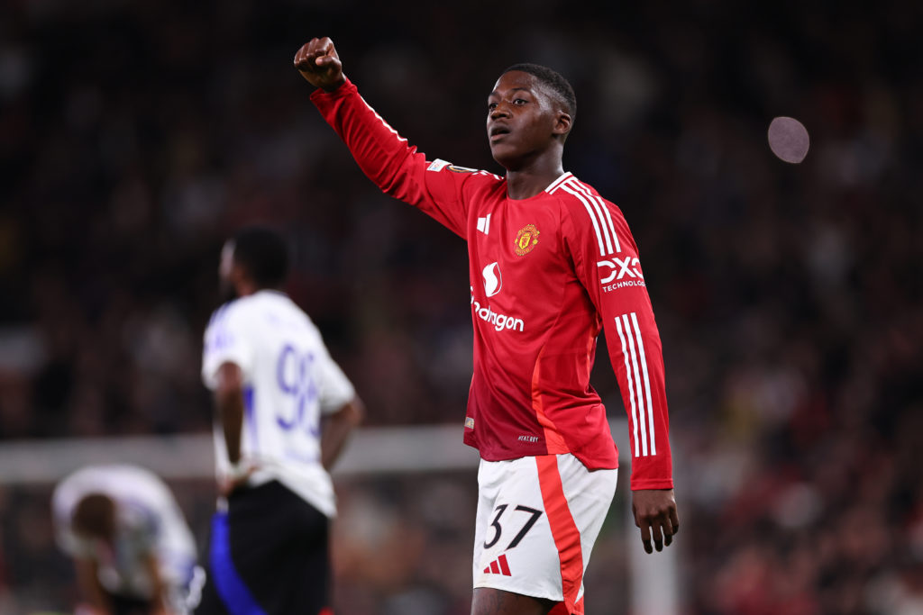 Kobbie Mainoo of Manchester United celebrates at full time during the UEFA Europa League 2024/25 Quarter Final Second Leg match between Manchester United and Olympique Lyonnais