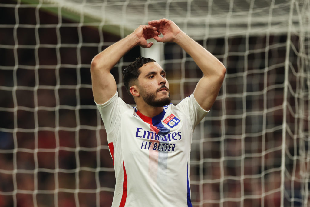 Rayan Cherki celebrates during Manchester United v Olympique Lyonnais - UEFA Europa League 2024/25 Quarter Final Second Leg