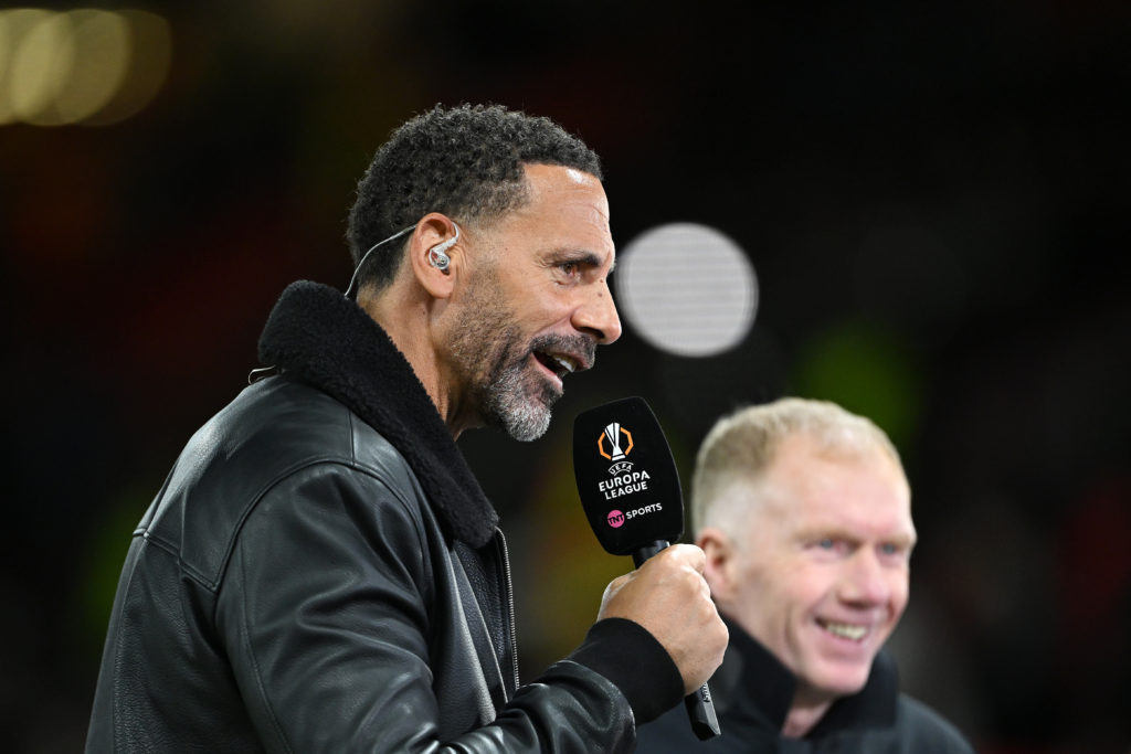 Former Manchester United player Rio Ferdinand presents on TNT Sports after the Europa League match between Manchester United and Lyon at Old Trafford in 2025 in Manchester, England.