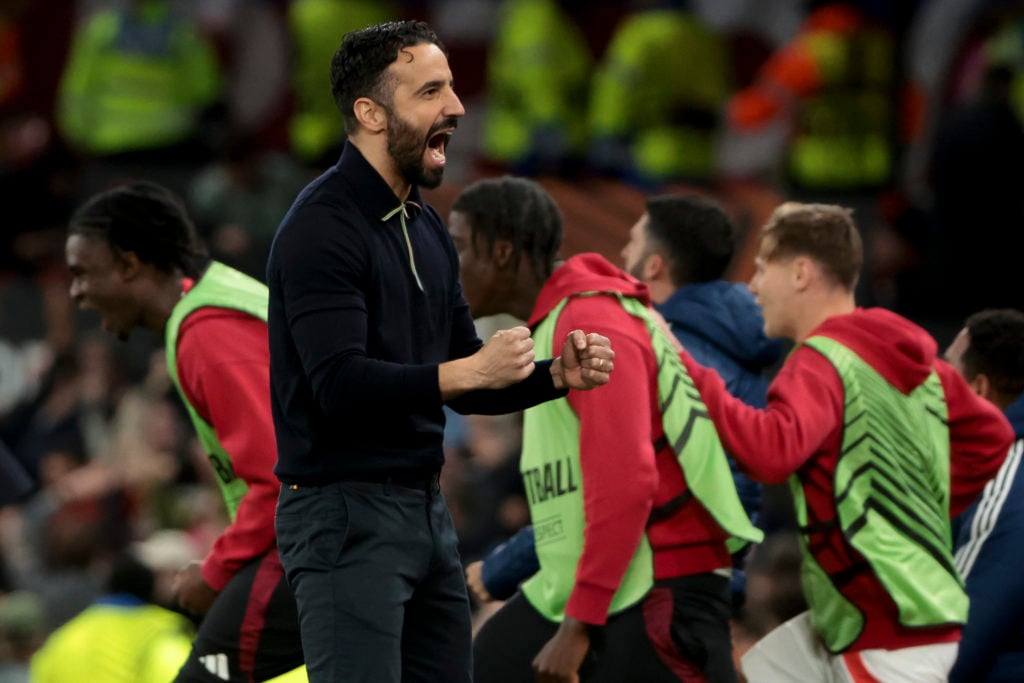 Coach of Manchester United Ruben Amorim celebrates the winning goal during the UEFA Europa League 2024/25 Quarter Final Second Leg football match between Manchester United (Man U) and Olympique Lyonnais (OL, Lyon) at Old Trafford stadium on April 17, 2025