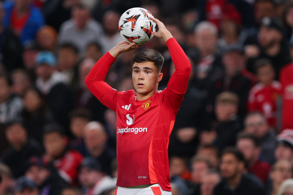 Harry Amass preparing to take throw-in for Manchester United.