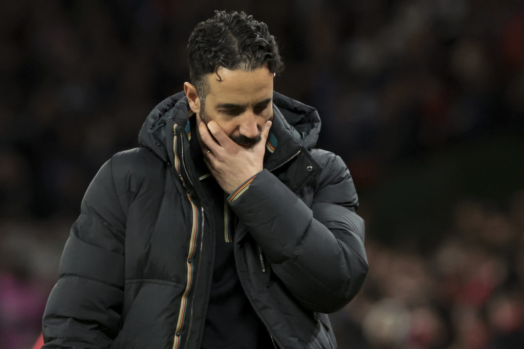 Manchester United manager Ruben Amorim during the Europa League match between Manchester United and Lyon at Old Trafford in April 2025.