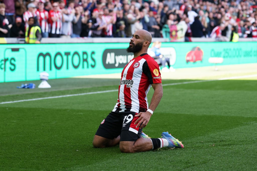 Bryan Mbeumo celebrates scoring for Brentford in the Premier League.