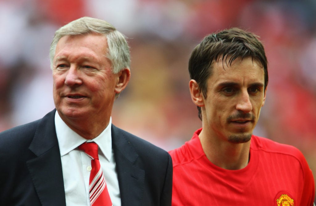 Sir Alex Ferguson, the manager of Manchester United, and captain Gary Neville look on prior to the FA Community Shield match between Manchester United and Portsmouth at Wembley Stadium on August 10, 2008 in London, England.
