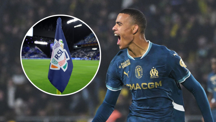 Mason Greenwood celebrates scoring for Marseille. Inset Saudi Pro League corner flag logo.