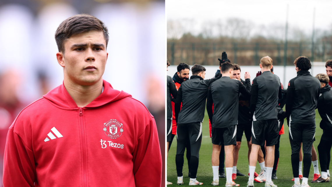 Split image of Manchester United's Harry Amass and training at Carrington training ground.