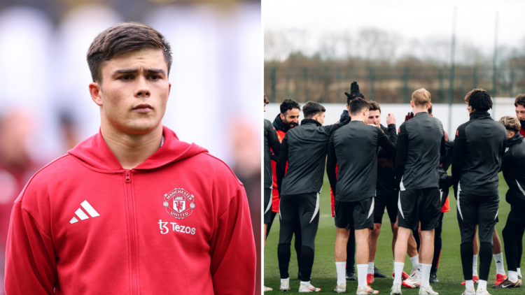 Split image of Manchester United's Harry Amass and training at Carrington training ground.