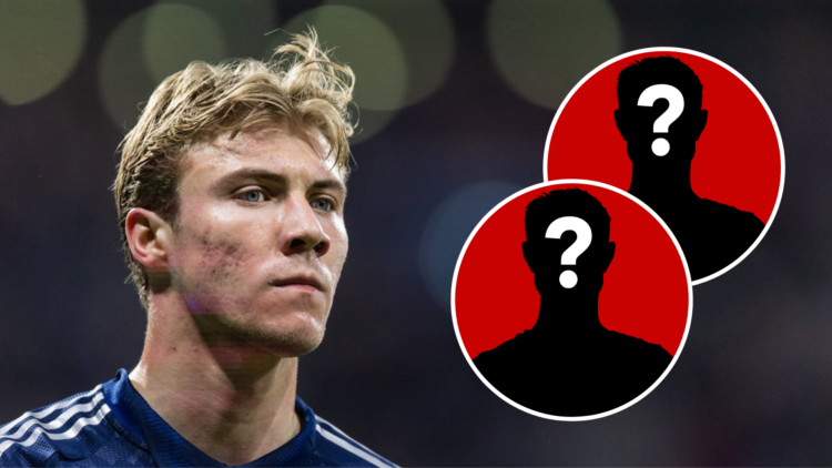 Rasmus Hojlund head shot image during Manchester United vs Lyon. Inset two mystery player icons.