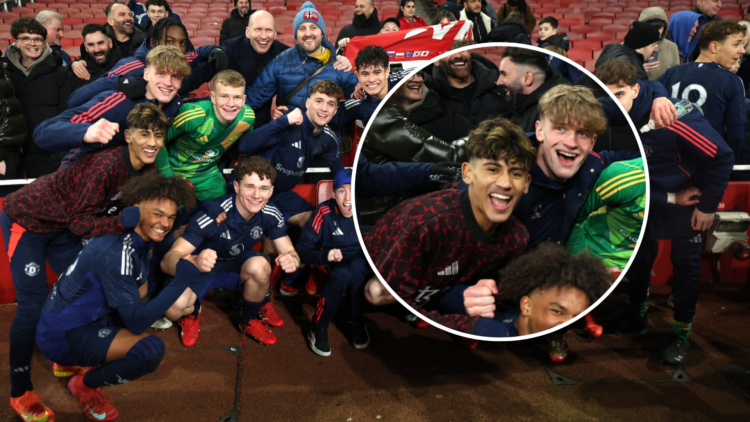 Manchester United U18 group shot after FA Youth Cup win vs Arsenal. Inset JJ Gabriel celebrates with U18 teammates.