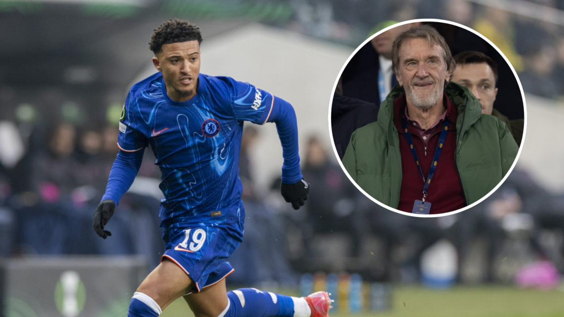 Chelsea winger Jadon Sancho in action, inset Manchester United co-owner Sir Jim Ratcliffe.