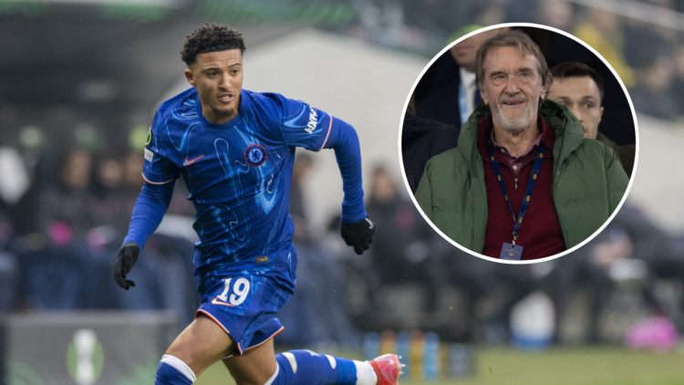Chelsea winger Jadon Sancho in action, inset Manchester United co-owner Sir Jim Ratcliffe.
