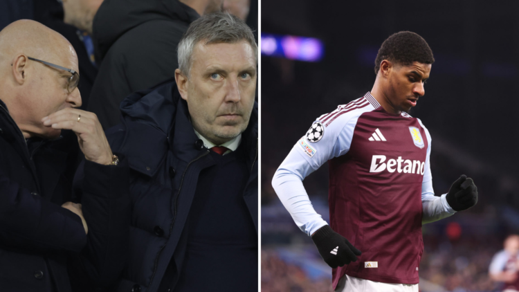Split image of Manchester United chiefs Sir Dave Brailsford and Jason Wilcox, and Aston Villa's Marcus Rashford.