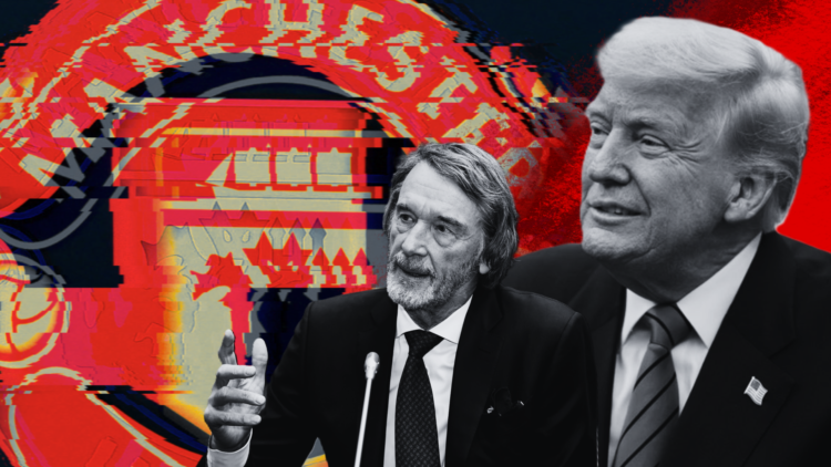 Black and white images of Donald Trump and Sir Jim Ratcliffe, superimposed over an illustration of the Manchester United badge