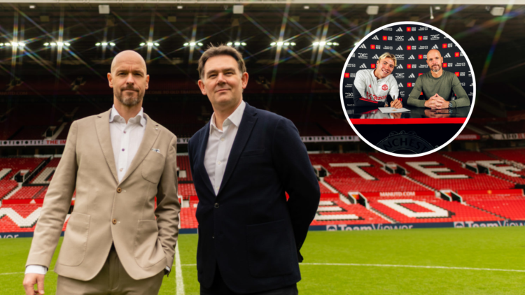 Manchester United director John Murtough and Erik ten Hag, inset of Rasmus Hojlund signing for Man United.