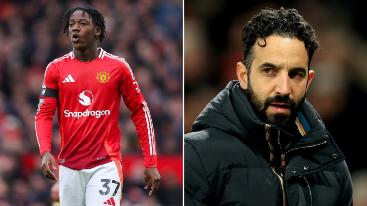 Manchester United's Kobbie Mainoo and manager Ruben Amorim.