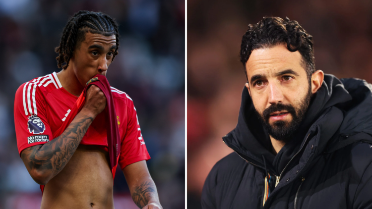 Split image of Manchester United defender Leny Yoro and head coach Ruben Amorim.