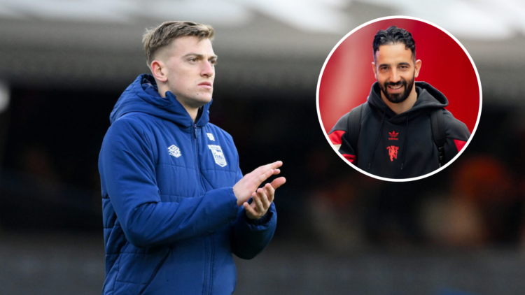Ipswich Town striker Liam Delap, inset of Manchester United head coach Ruben Amorim.