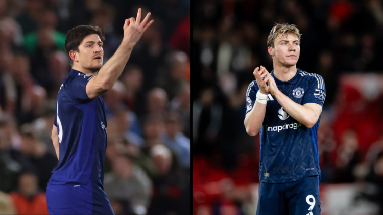 Split image of Harry Maguire and Rasmus Hojlund both in action for Manchester United vs Nottingham Forest.