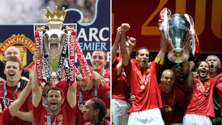 Split image of Manchester United's Welsh midfielder Ryan Giggs lifts the Premier League trophy after beating Wigan Athletic in their English Premie...