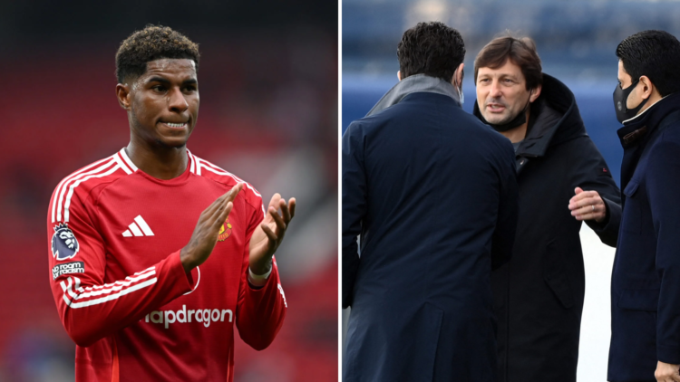 Split image of Manchester United's Marcus Rashford and former PSG director Leonardo.