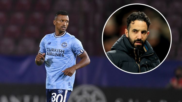 Former Manchester United winger Nani in action for Adana Demirspor. Inset, Manchester United head coach Ruben Amorim.