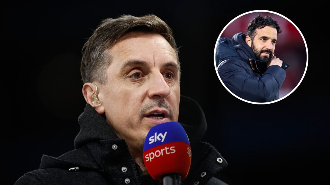 TV pundit Gary Neville working for Sky Sports during the Premier League match between Aston Villa and Sheffield United at Villa Park. Inset Ruben A...