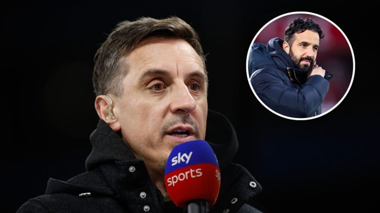 TV pundit Gary Neville working for Sky Sports during the Premier League match between Aston Villa and Sheffield United at Villa Park. Inset Ruben A...