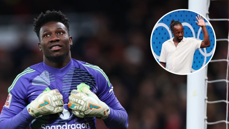Andre Onana of Manchester United reacts during the penalty shoot out during the Emirates FA Cup Fifth Round match between Manchester United and Ful...