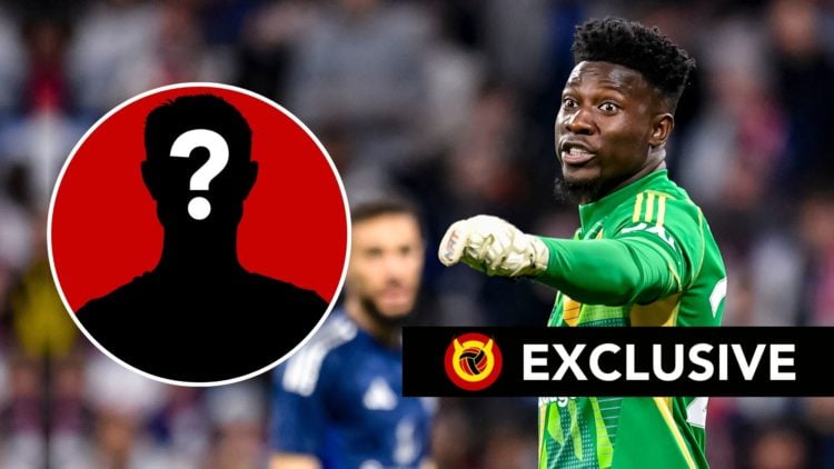 Goalkeeper André Onana of Manchester United gestures during the UEFA Europa League 2024/25 Quarter Final First Leg match. Inset, a mystery player.