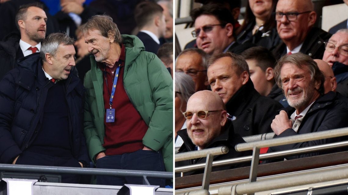 Manchester United minority shareholder Sir Jim Ratcliffe (R) speaks to Technical Director Jason Wilcox during the Premier League match between Manc...