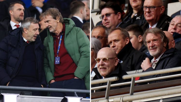 Manchester United minority shareholder Sir Jim Ratcliffe (R) speaks to Technical Director Jason Wilcox during the Premier League match between Manc...