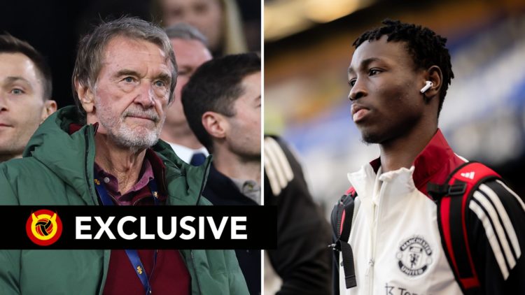 Sir Jim Ratcliffe, owner of Ineos and co-owner of Manchester United during the Premier League match, and Sekou Kone of Manchester United arrives ah...