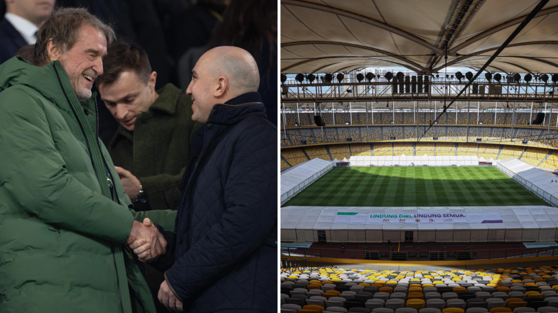 Split image of Sir Jim Ratcliffe and Omar Berrada and the Bukit Jalil National Stadium.