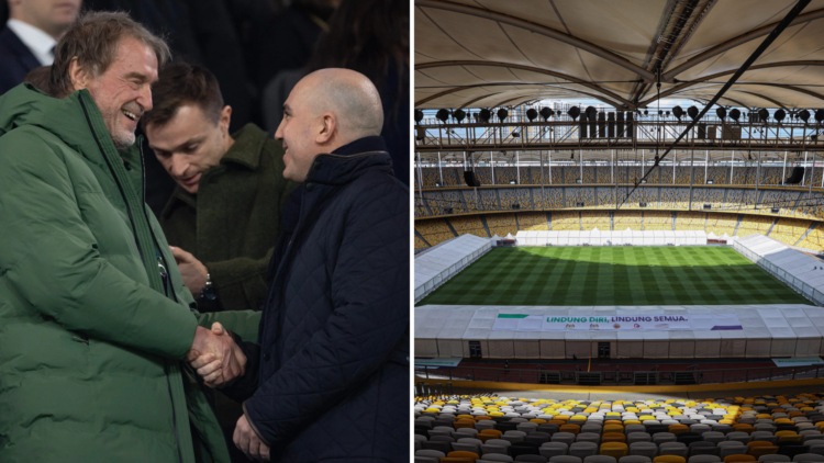 Split image of Sir Jim Ratcliffe and Omar Berrada and the Bukit Jalil National Stadium.