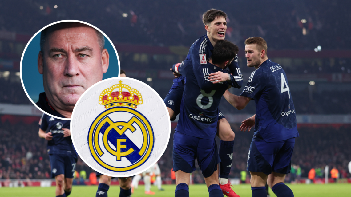 An image of Bruno Fernandes and Alejandro Garnacho (right) with Rene Meulensteen and Real Madrid's badge (left, circled).