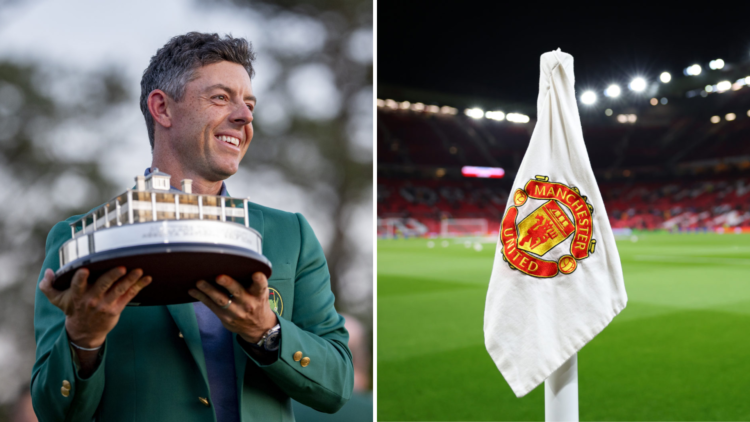 Split image of Rory McIlroy winning the Masters and Manchester United stadium Old Trafford.