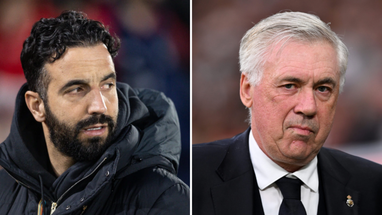 Split image of Manchester United manager Ruben Amorim and Real Madrid manager Carlo Ancelotti.