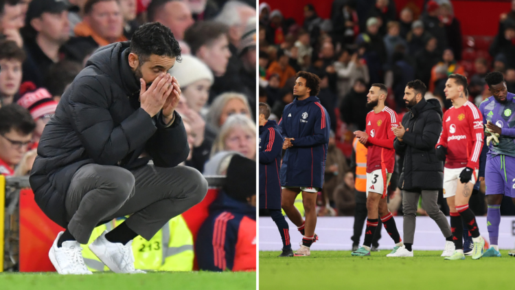 Split image of Manchester United manager Ruben Amorim and players at Old Trafford.