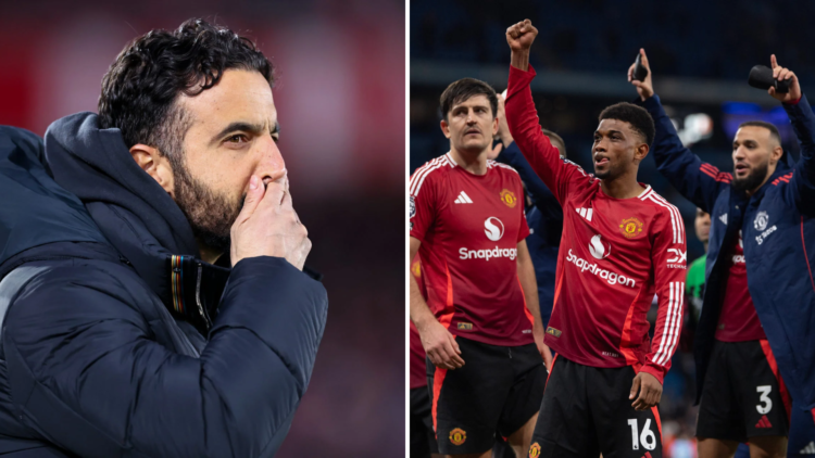 Split image of Ruben Amorim and Manchester United players celebrating the Manchester derby.
