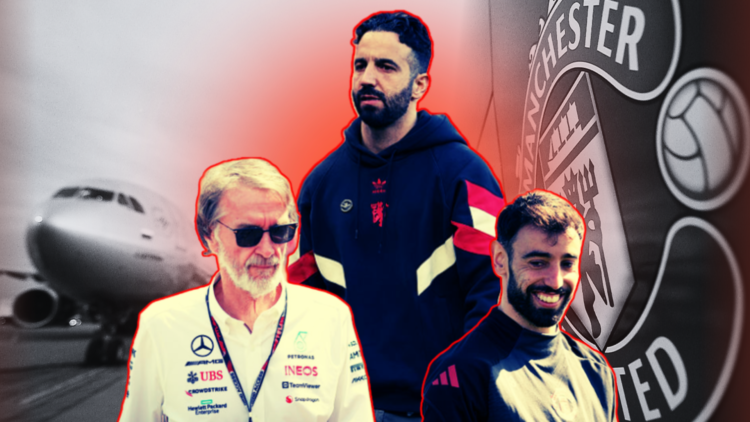Composite image of Sir Jim Ratcliffe, Ruben Amorim and Bruno Fernandes superimposed on a black-and-white image of a jet and the Manchester United b...