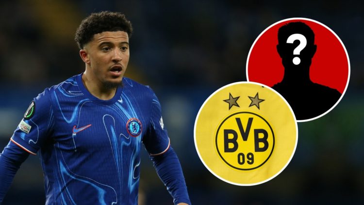 Jadon Sancho of Chelsea during the UEFA Conference League 2024/25 Round of 16 Second Leg match. Inset, Borussia Dortmund badge and a mystery player.