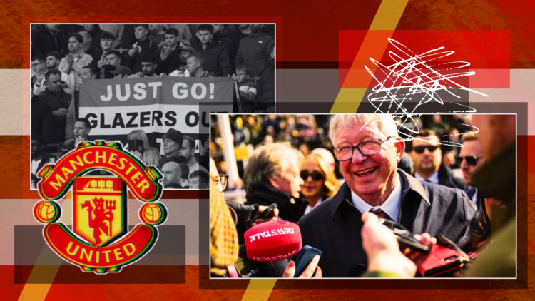 Illustration composite image of Manchester Unite badge, protests against the Glazer family and Sir Alex Ferguson