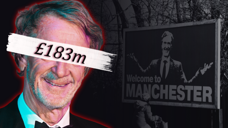 Sir Jim Ratcliffe superimposed over a black and white image of the 'Welcome to Manchester United' billboard and '£183m' wordage